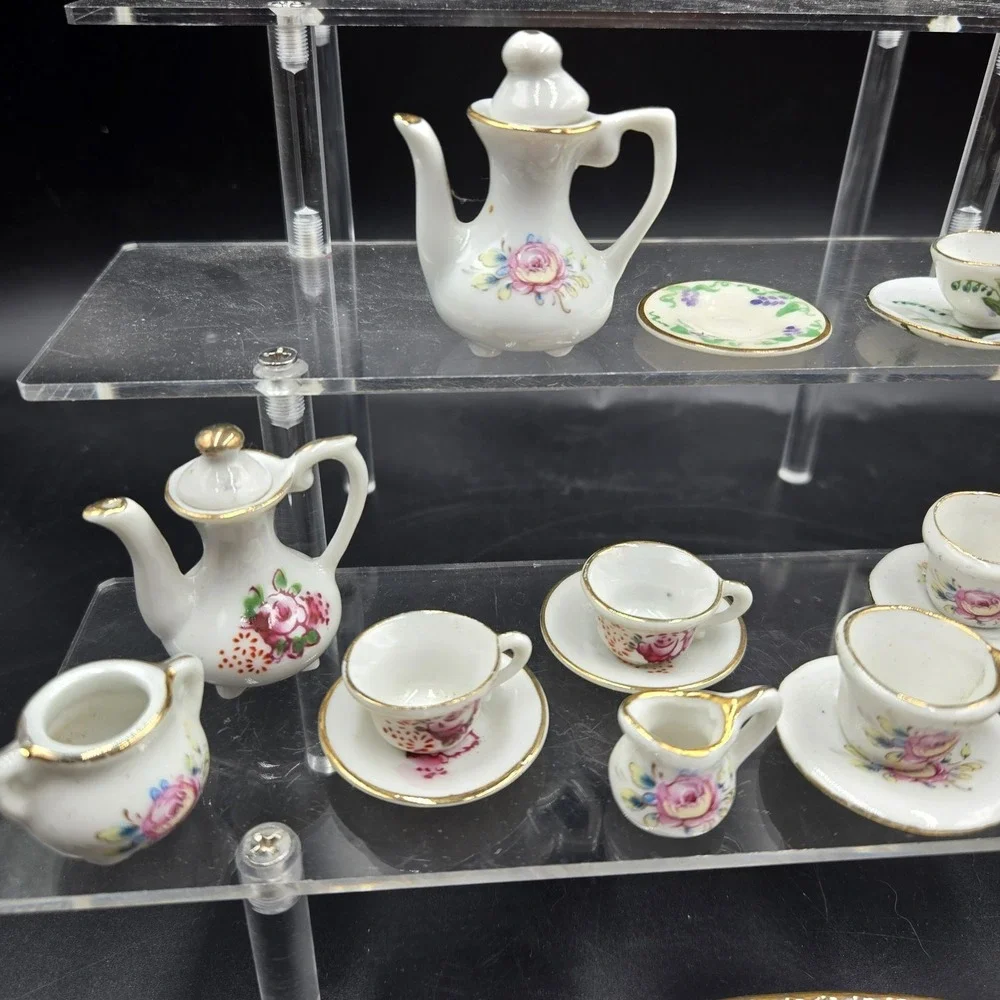 Vtg Miniature Ceramic Tea Set 22pc Pink Floral Rose w Gold Trim EXC Super Tiny